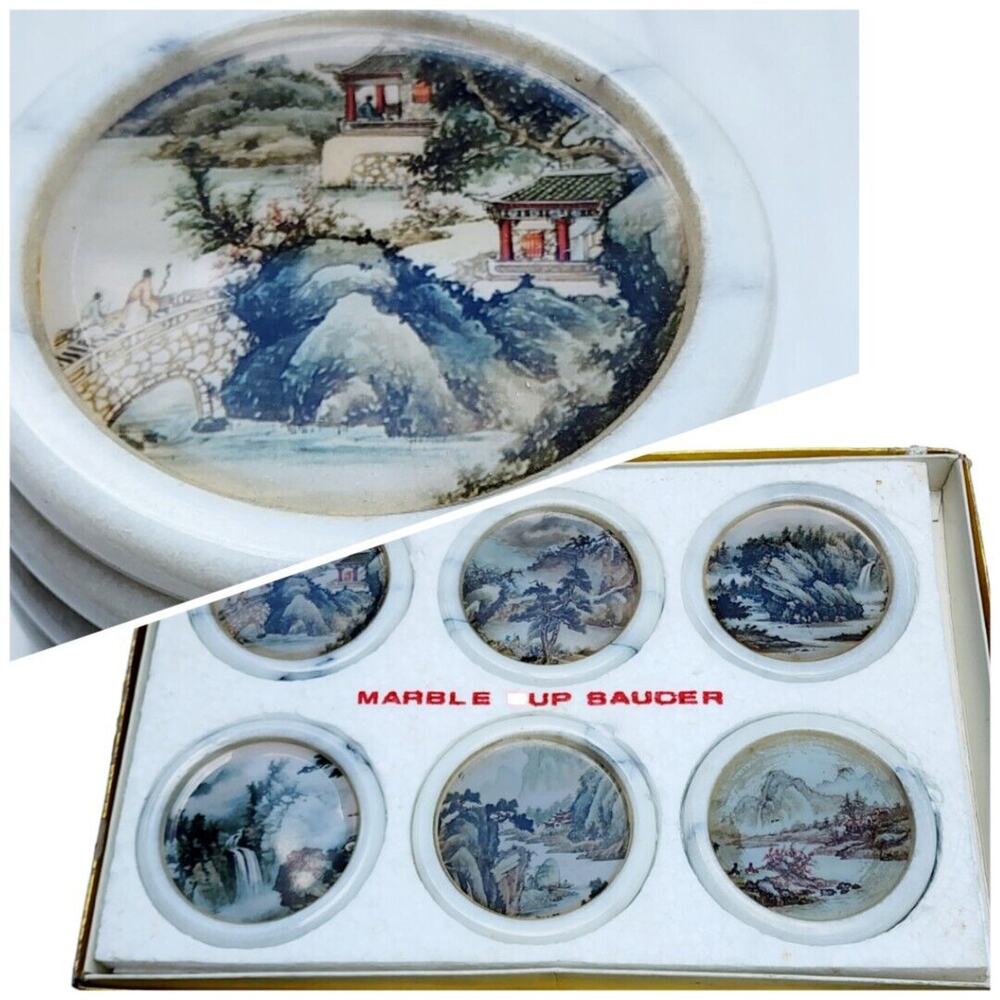 Vintage 60s Chinese Set of 6 Coasters Marble & Glass Village Landscape Barware